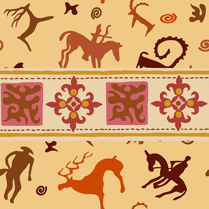 Seamless pattern, petroglyphs and ornament of Central Asia and Siberia, vector design