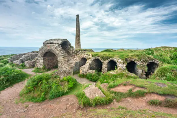 Photo of Remains of Crown Mines building, and chimney stack,on the clifftop at Botallack,Northern Cornwall,UK.