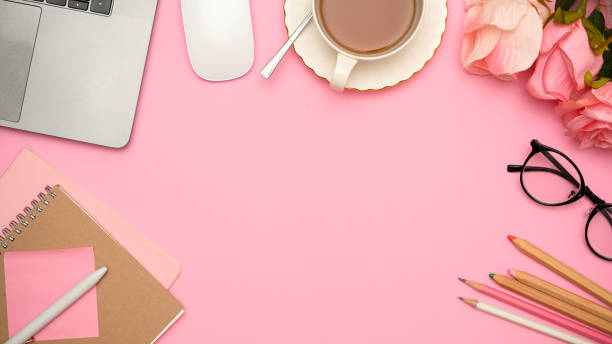istock Copy space in beautiful feminine workspace compositions on pink background. 1371208735