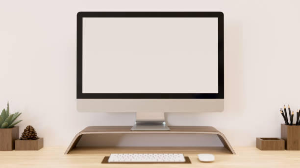 istock Modern office working desk with pc desktop computer mockup on wooden table. 1371208800
