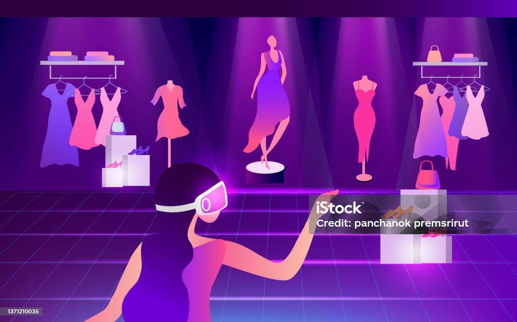 Metaverse Virtual Reality shopping. woman wearing VR goggle having 3d experience in shopping in the metaverse vector illustration - 免版稅元宇宙圖庫向量圖形