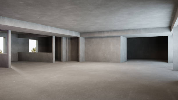 Interior design 3D rendering of modern office building in renovation or under construction concept.