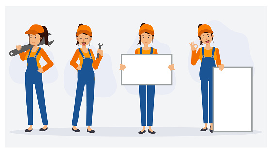Set of female mechanic repairman in various action,holding blank sign, your text here. Flat vector cartoon character.