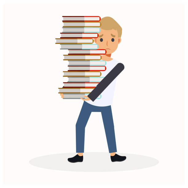 istock Vector Flat Cartoon character Illustration of A Boy carrying a Big Stack Of Books. The boy is sad because too much books to read. Education. 1371211389