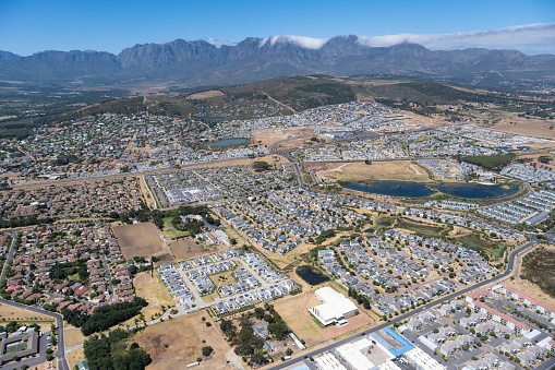 An aerial shot looking down over a large residential suburb near Somerset West in Cape Town