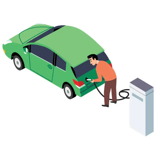 Vector illustration of Man charging up an EV vehicle in Isometric