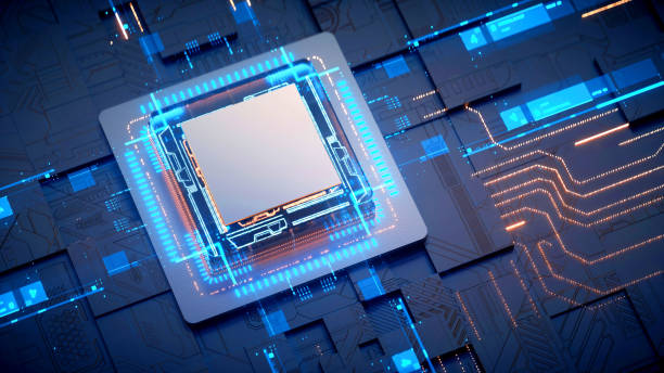 サイバーパンクaiの3dレンダリング。基板。技術の背景。中央コンピュータプロセッサ cpu と gpu の概念。マザーボードデジタルチップ。技術科学の背景。 - 半導体 ストックフォトと画像