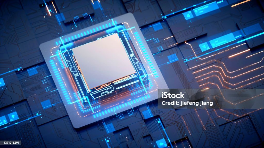 3D rendering of cyberpunk AI. Circuit board. Technology background. Central Computer Processors CPU and GPU concept. Motherboard digital chip. Tech science background. Semiconductor Stock Photo