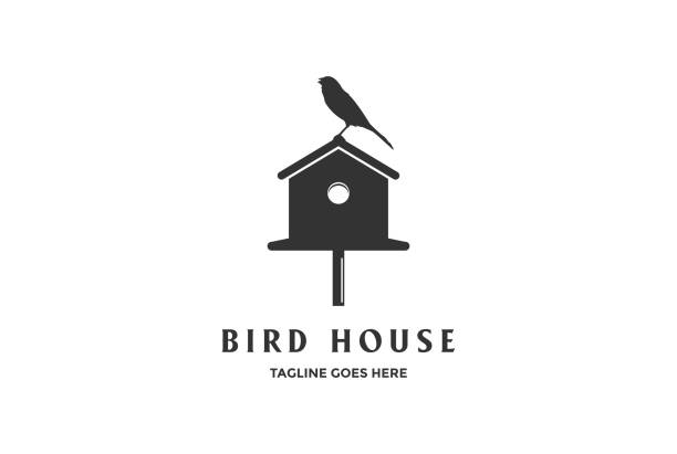 vintage retro robin canary birdhouse sylwetka logo design vector - budka dla ptaków stock illustrations