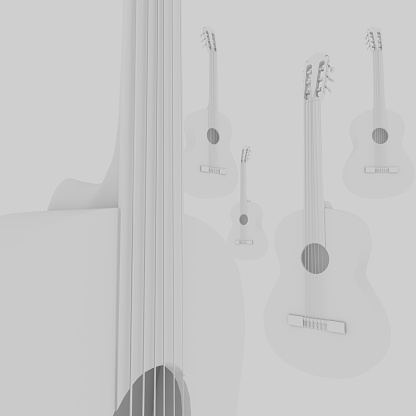 Concept white guitars with white background. 3d render, 3d illustration.