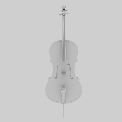 Violin, bow and music sheets on grey table, top view. Space for text