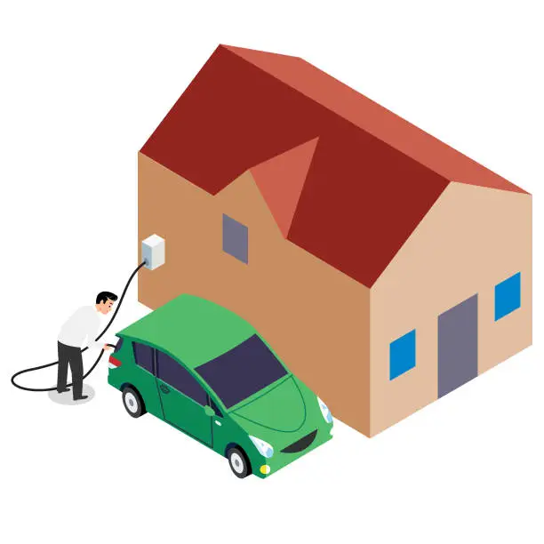 Vector illustration of Man charging EV vehicle at home in Isometric