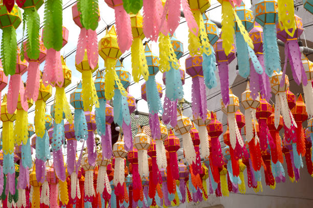 istock Cloth lanterns hanging in a Thai temple 1371217314