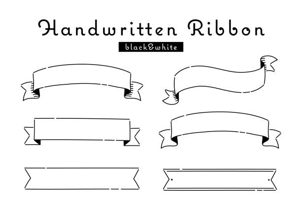 odręczna wstążka. zestaw ilustracji wektorowych. ozdobna rama. czarno-biały rysunek linii. - obi sash stock illustrations