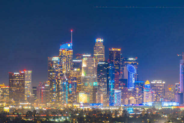 Five hundred drones form the Lombardi Tophy above the Los Angeles Convention Center on Saturday at 8:30pm the night before the Super Bowl.