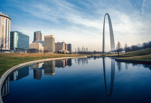Gateway Arch National Park - Arch Reflecting Pool & Skyline 1992. Scanned from Kodachrome 64 slide.