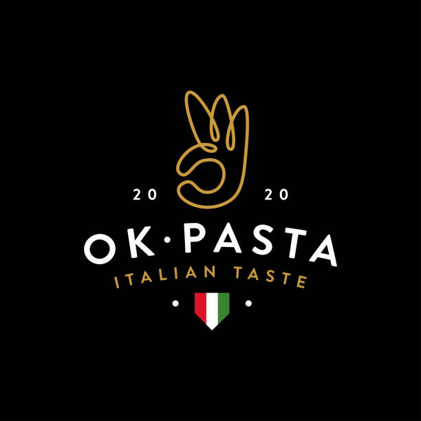 ok паста логотип иконка векторный шаблон с символом руки лапши ok на черном фоне - food italian culture salad spaghetti stock illustrations
