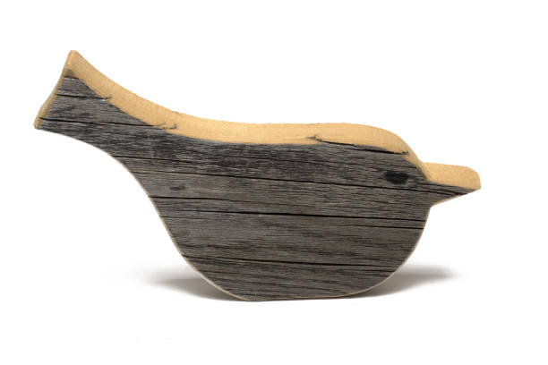 Close up of bird cut out from old sunburned wood on white background as decoration