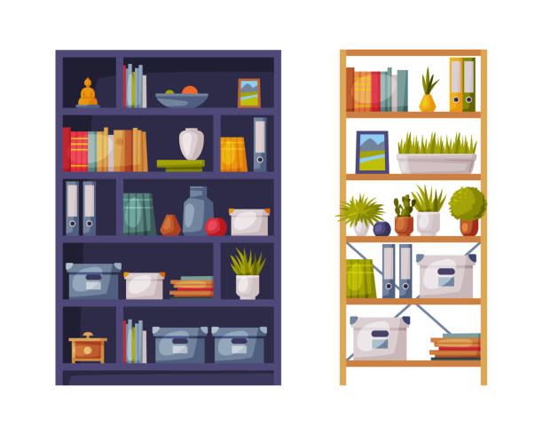 istock Wooden bookcases set. Furniture for home or office interior vector illustration 1371225099