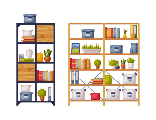 istock Wooden bookcases set. Furniture for home or office modern interior vector illustration 1371225111