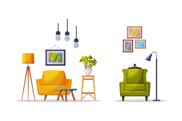 istock Cozy room interior. Armchair, houseplants and home decoration accessories vector illustration 1371225166