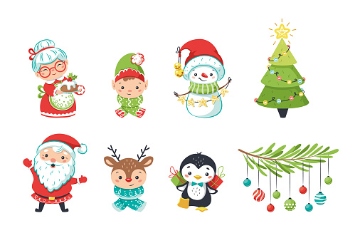 Smiling friendly Santa Claus with beard, snowman with garland, gnome and deer, Christmas tree with toys, grandmother with mistletoe pie and penguin with gift boxes