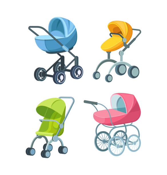 kereta dorong lipat berwarna-warni kekanak-kanakan, kereta, kereta bayi, gerobak anak, transportasi bayi - stroller car seat ilustrasi stok
