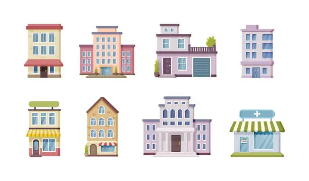 Vector illustration of Urban government, private and municipal building set public place city architecture facades