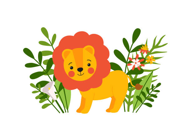 süßer babylöwe, der im grünen gras steht. vektorillustration - tropical rainforest animal cartoon lion stock-grafiken, -clipart, -cartoons und -symbole