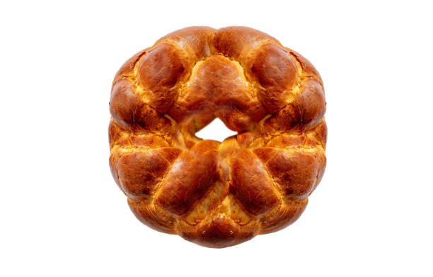 Easter Greek tsoureki braid, sweet bread brioche overhead isolated on white, design element