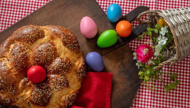 Easter greek tsoureki braid, sweet bread brioche overhead stock photo