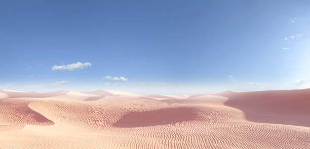 istock 3D rendering Panorama of dunes in a sandy desert, sand dunes under a blue sky. 1371231570