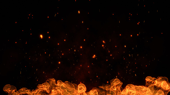 Fuego 3D y brasas ardientes brillando. Partículas brillantes de fuego sobre fondo negro photo