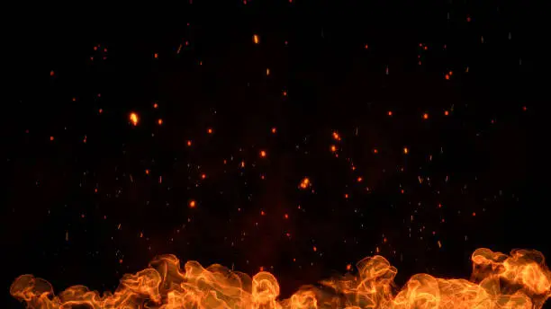 Photo of 3D fire and Burning embers glowing. Fire Glowing Particles on Black Background