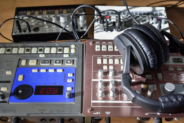 Close-up of boutique recording studio control desk.
