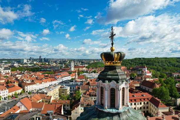 Aerial summer spring evening view in sunny Vilnius old town