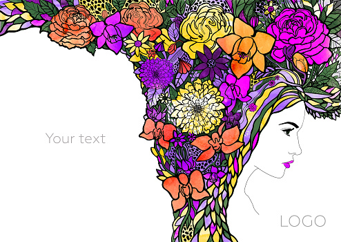 Portrait of a girl with flower hair. Colorful watercolor blooming bouquet.