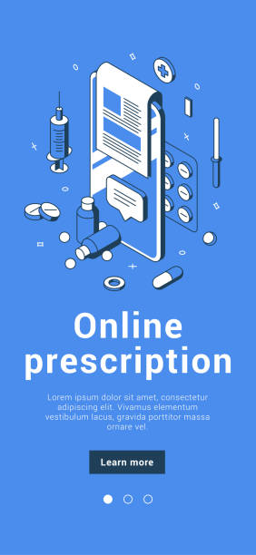 illustrations, cliparts, dessins animés et icônes de page web médicale de prescription en ligne application mobile illustration vectorielle isométrique - prescription plan