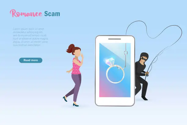 Vector illustration of Romance scam, dating scam, cyber crime, hacking, phishing and love scam concept. Hacker,scammer cheating woman by sending diamond ring on smart phone. Online social media fraud.