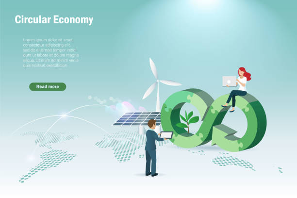 ilustrações de stock, clip art, desenhos animados e ícones de circular economy in jigsaw puzzles  with wind turbines and solar panel on world map. businessman team set up sustainable strategy goal of eliminating waste and pollution by using natural resources. - man energy turbine