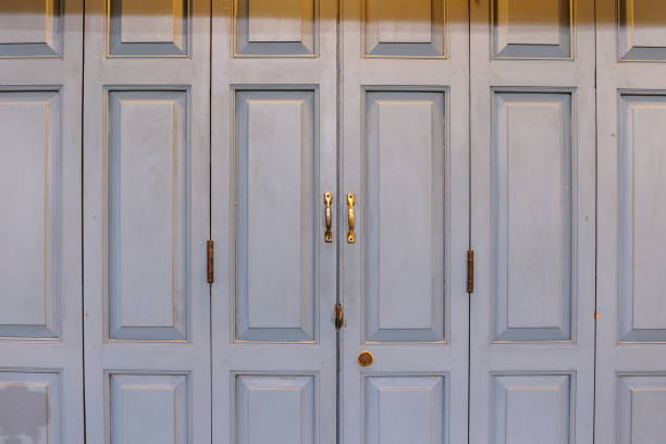 istock Gray wood door in retro style. 1371235013