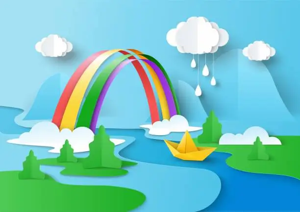 Vector illustration of Rainy clouds in the sky, rainbow hanging over the river, boat floating on water, vector illustration in paper art style.