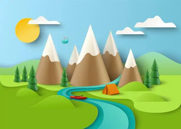 Vector illustration of Mountains with cable car, forest, boat, tent on river bank, vector paper cut illustration. Summer camp poster template.