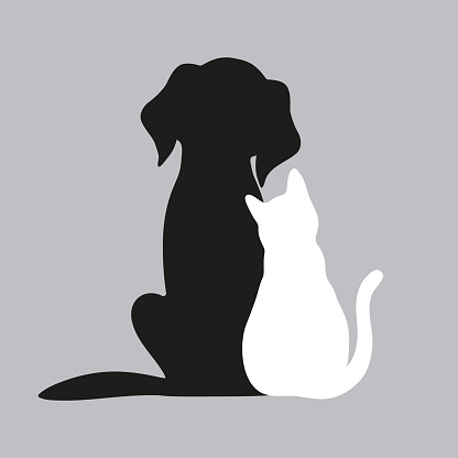 Illustration of silhouettes of a dog and a cat on a gray background