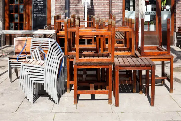 Empty chairs and tables of a beer garden closed due to coronavirus, Bremen, Germany, Europe