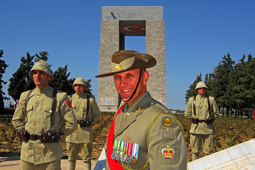 Çanakkale, Gelibolu - April 24, 2007: After the Dardanelles War in 1915 ended with the victory of the Turks, some activities are held on March 18, when the Naval War was the most intense, and on April 24-25, the beginning of the Land Wars, in order not to forget this war.\n\nRepresentatives of these countries, especially Turks, British, French, Australians and New Zealanders (ANZAC), gather in the Monument area and make speeches. After a moment of silence and military parades, they leave flowers on their graves to commemorate the soldiers who lost their lives.