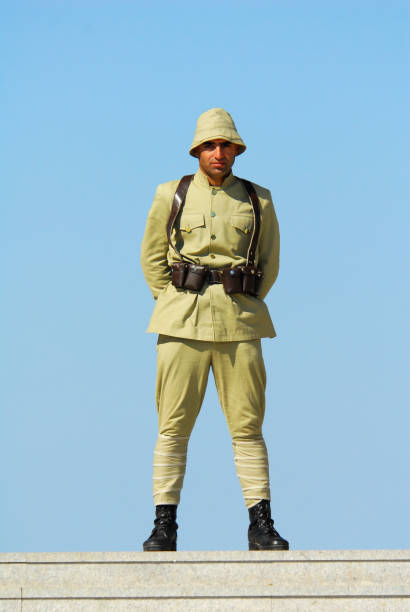 Kyiv, Ukraine - May 09, 2018: Man in a uniform British paratrooper during World War II with a rifle at the historical reconstruction festival