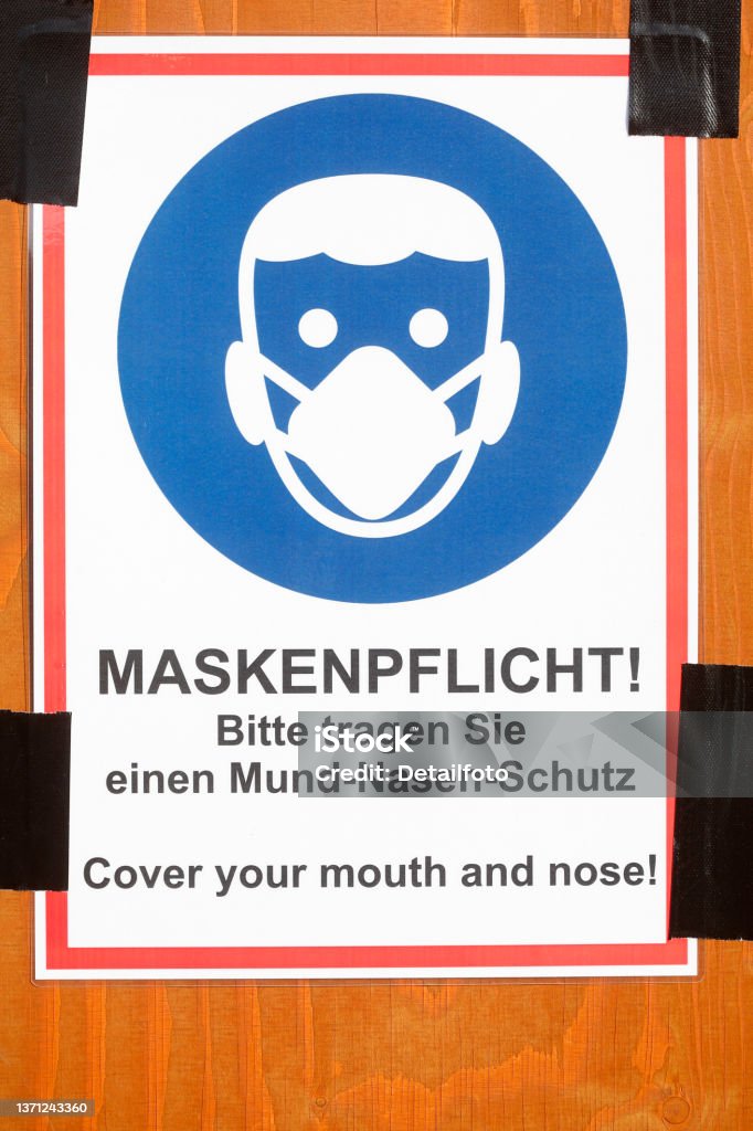 Use shield mouthguard, mask obligation, Germany, Europe Use face mask, mask compulsory, Germany, Europe Color Image Stock Photo