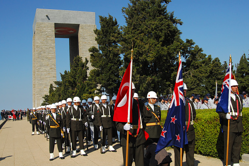 Çanakkale, Gelibolu - April 24, 2007: After the Dardanelles War in 1915 ended with the victory of the Turks, some activities are held on March 18, when the Naval War was the most intense, and on April 24-25, the beginning of the Land Wars, in order not to forget this war.\n\nRepresentatives of these countries, especially Turks, British, French, Australians and New Zealanders (ANZAC), gather in the Monument area and make speeches. After a moment of silence and military parades, they leave flowers on their graves to commemorate the soldiers who lost their lives.