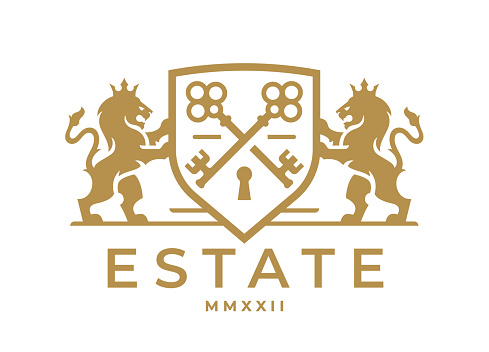 Luxury Lion key real estate icon. Elegant heraldic shield crest emblem. Premium coat of arms symbol. Vintage royal heraldry brand identity sign. Vector illustration.